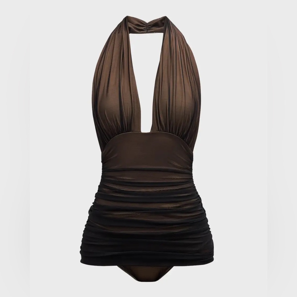 Norma Kamali Brown One-Piece Bill Ruched-Mesh Halter Maillot Swimsuit - Picture 7 of 8